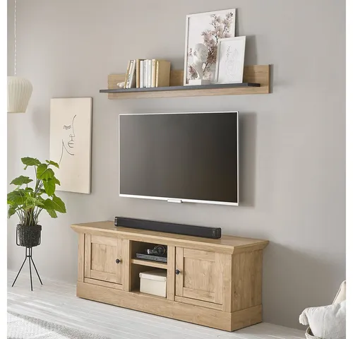 Lomadox Wohnwand COLBY-61, (2-St., Lowboard Wandregal), in Eiche mit schwarzen Griffen, Landhausstil