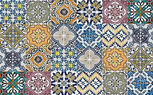 Queence Küchen Spritzschutz Fliesen - Portugal Style 80x50 cm | Küchenrückwand | Alu-DiBond | Fliesenschutz für den Herd und Spüle | Küchenfliesen | Fliesenspiegel | Rückwand