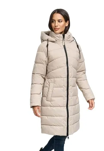 MARIKOO Damen Wintermantel N075 - gesteppt, abnehmbare Kapuze, Größe XL - LigTaupe - Hochwertiger Wintermantel mit abnehmbarer Kapuze. Robustes Obermaterial und warme Innenbündchen bieten optimalen Tragekomfort. Praktische Taschen für sicheren Stauraum. Erhältlich in S-3XL und vielen Farben.