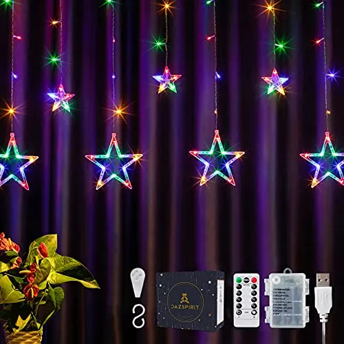 DazSpirit Lichtervorhang Weihnachten Sterne 3,5m, 138 LEDs mit 12 Sterne, Fernbedienung und 20 Haken, Weihnachtsbeleuchtung Innen Fenster, USB oder Batteriebetrieben, 8 Modi, Wasserdicht (Bunt)