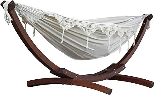 Vivere C8SPCT-00 Doppelhängematte aus Baumwolle mit stabilem Bogengestell aus Massivkiefernholz – Natural, 254 x 117 x 104 cm