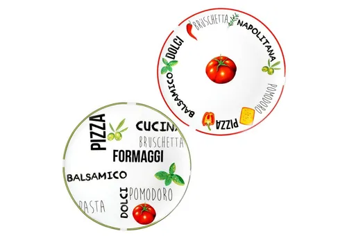 MamboCat Pizzateller 2er Set Pizzateller Tomate Weiß mit Dekor Ø 31cm - 1x Grün & 1x Rot