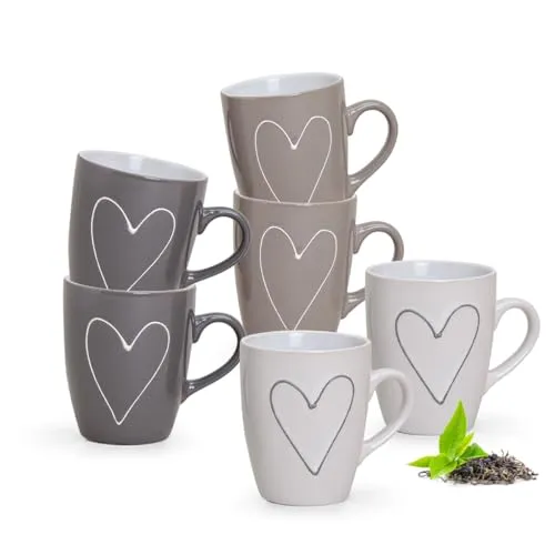 Süße Herz Tassen 6er Set in weiß, beige, grau - Tassenset in 250ml für Kaffee, Cappuccino oder Teetasse - Schöne Keramik Henkel Kaffeetassen spülmaschinenfest und mikrowellengeeignet als Geschenk