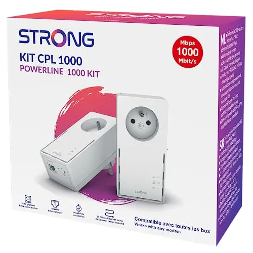 STRONG sada Powerline 1000 DUO FR - Powerline Adapter mit 1000 Mbit/s Übertragungsrate und 300 m Reichweite, ideal für schnelles Internet über das Stromnetz mit integrierter Steckdose.
