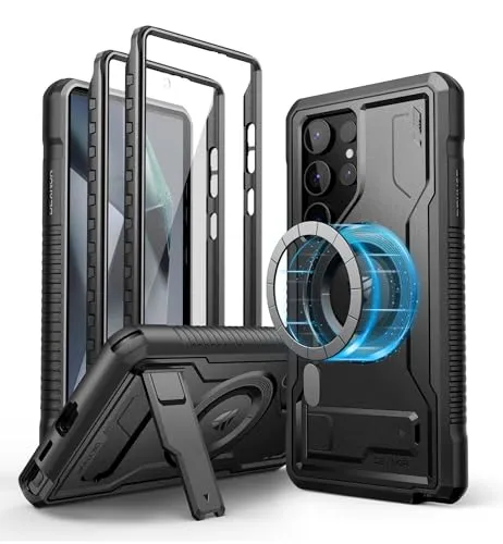 Dexnor Kompatibel mit Samsung Galaxy S24 Ultra Hülle, mit Displayschutz&Kickstand, Schwerlast Stoßfestes Robustes Handyhülle Ganzkörper Stoßfänger Schutzhülle - Schwarz