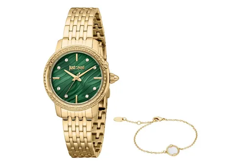 Just Cavalli Euforia Snake JC1L336M0065 Damen-Armbanduhr - Elegante Damen-Armbanduhr mit goldfarbenem Edelstahlarmband und grünem Zifferblatt. Ideal für Fashion-Liebhaber und vielseitig einsetzbar. Wasserdicht bis 50m.