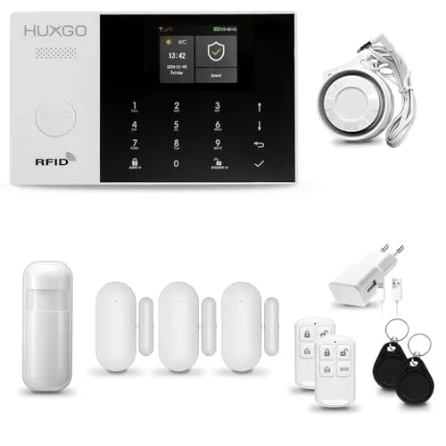 HUXGO® HXA005 Funk Alarmanlage Set WiFi + GSM - Komplettsysteme: Hochmodernes Alarm System mit Bewegungsmelder und 3 Tür- und Fenstersensoren, einfach per Smartphone steuerbar und ideal für Ihr Wohnmobil.