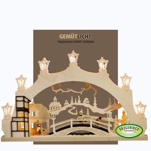 Weigla LED Schwibbogen Winterkind Erzgebirge - Schwibbogen mit handgedrechselten Figuren und 7 LED-Lichtern, ideal für stimmungsvolle Weihnachtsdekoration im Innenbereich, inklusive Leuchtmittel und Kippschalter.