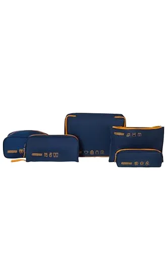 American Tourister Packwürfel Set 5-teilig – Dunkelblau/Orange - Optimales Packen mit 5 praktischen Taschen für Kleidung, Schuhe und Zubehör. Ideal für Koffer und Handgepäck, sorgt für Ordnung und schnellen Zugriff auf Ihre Utensilien. Perfekt für Reisen jeder Art!