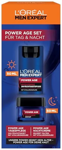L'Oréal Men Expert Pflegeset gegen Falten für Männer, Geschenkset mit Anti-Aging Tagescreme und Nachtcreme gegen matte Haut, Geschenke für Herren mit Hyaluronsäure, Power Age, 2 x 50 ml