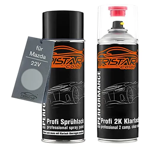 TRISTARcolor Autolack 2K Spraydosen Set für Mazda 22V Sunlight Silver Metallic/Satinsunlight Silber Metallic Basislack 2 Komponenten Klarlack Sprühdose