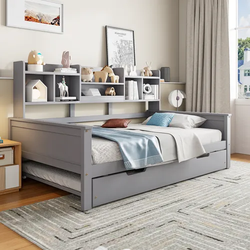 MODFU Jugendbett Schlafsofa Doppelbett(90×200 cm& 90x190cm) mit Ausziehbett,Holzbett mit Staufach und Lattenrost ,ohne Matratze, Grau