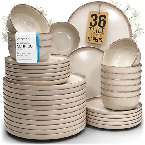 PURE LIVING INTERIOR DESIGN Geschirr-Set Steingut für 12 Personen – 36-tlg. im rustic Landhausstil