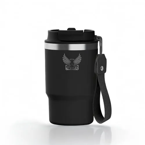 KorJay Thermobecher - Kaffeebecher to go mit integriertem Strohhalm, auslaufsicher, 500ml & 360ml, hält deinen Kaffee to go 4h heiß und 8h kalt, Kaffeebecher, schwarz