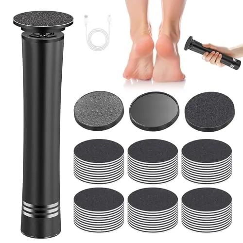 Hornhautentferner Fuß Elektrisch, Elektronischer Fußfeilenschleifer Wiederaufladbar mit Type-C mit 60 Austauschbaren Fußfeilen für Rissige Fersen, Hornhaut & Harte Haut (Schwarz)