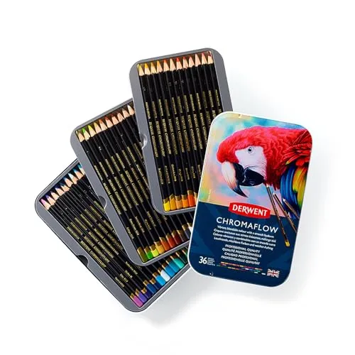 Derwent Chromaflow Buntstifte 36er Set - Hochpigmentierte Farbstifte in Metallbox, geschmeidige Textur für Zeichnen und Ausmalen, bruchfest und ideal für alle Maltechniken