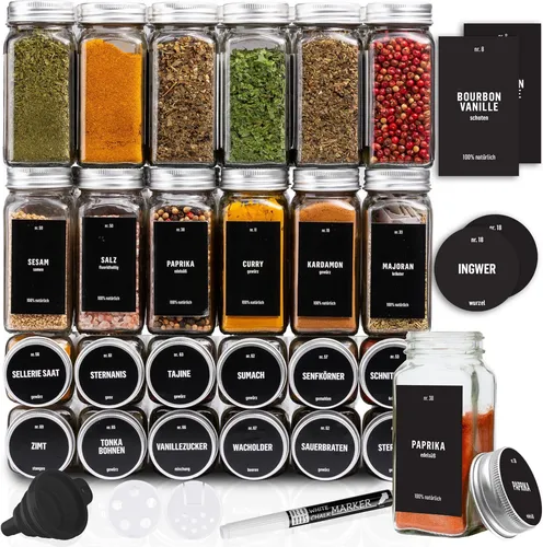 24er -Set Gewürzgläser mit Schraubkappe - Verschiedene Streuer-Aufsätze, Trichter, Bürste, Etiketten & Kreidestift - 120 ml, 10,5 x 4,3cm - DECO HAUS