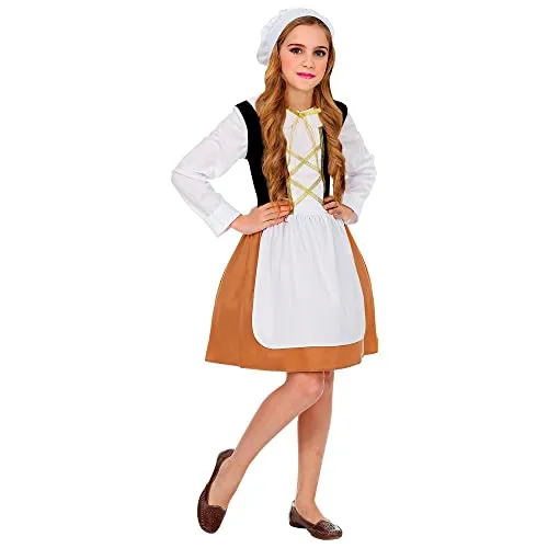 W WIDMANN MILANO Party Fashion - Kinderkostüm Mittelalterliche Magd - Kostüm für Kinder (11-13 Jahre) mit bezauberndem braun-weißem Kleid und weißer Haube, ideal für Karneval und Mottopartys. Ein echter Blickfang mit goldenen Schnüren und schwarzer Weste.