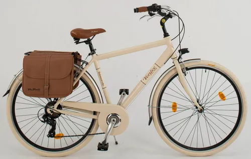 Cityfahrrad 28 Zoll 605 Aluminium Man Beige - Stylisches Cityfahrrad mit leichtem Aluminiumrahmen und 6-Gang Shimano-Schaltung, ideal für komfortable Fahrten in der Stadt oder auf kleinen Touren. Ausgestattet mit Schutzblechen, Gepäckträger und Batteriebeleuchtung.