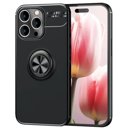 NALIA Handyhülle mit Ring kompatibel mit iPhone 15 Pro Max Hülle, Matt-Schwarz, 360° Grad Finger-Halter Ständer & KFZ-Halterung, rutschfest Kickstand Cover Schutzhülle Silikon Case, Farbe:Schwarz