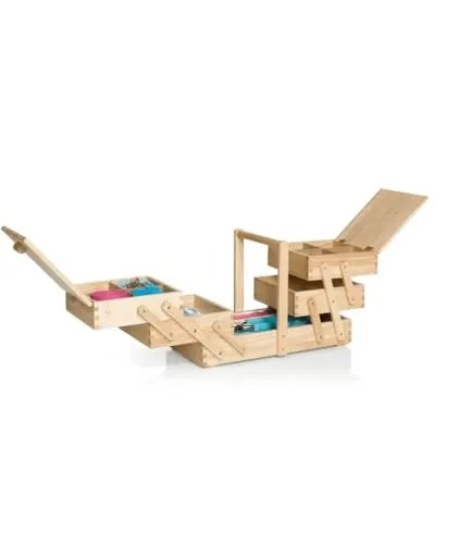 Prym 612548 Nähkasten aus hellem Holz, L, Beige, Braun - Nähkorb aus hochwertigem Kautschukholz mit mehreren Ebenen durch das praktische Ziehharmonika-Prinzip. Ideal zur Aufbewahrung Ihrer Nähutensilien. Maße: 45 x 28 x 23 cm.