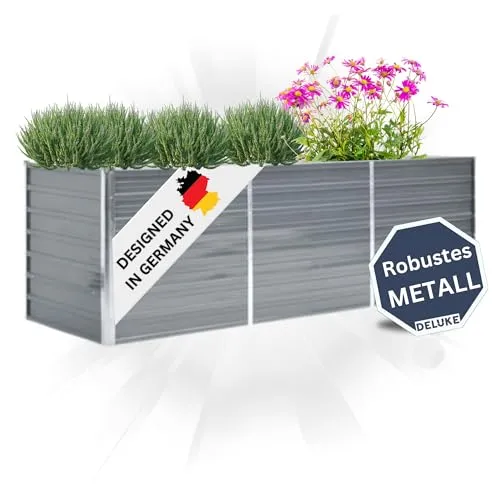 DELUKE Hochbeet für Garten Oskar Grau | 240x80x77cm | Verzinkter Stahl | Wetterfest | Gartenbeet Kräuterbeet Blumenbeet Beet hoch Frühbeet für Garten Gemüsebeet