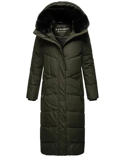 Navahoo Damen Wintermantel - Warmer Steppmantel mit Abnehmbarer Kapuze - Funktionsjacken: Eleganter, extralanger Wintermantel mit kuscheligem Kunstfellkragen, wind- und wasserabweisend, ideal für kalte Temperaturen und tolle Kombinierbarkeit.