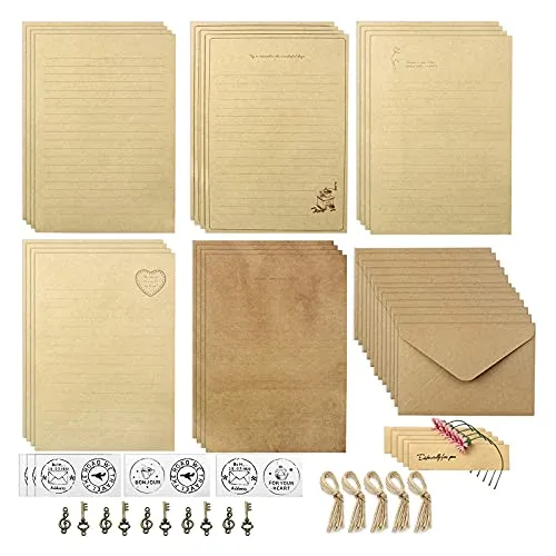YapitHome 70 Stücke Vintage Schreiben Briefpapier und Umschläge Set Enthält 20 Blatt A5-Kraft, 10 Kraft Umschlägen, 10 Retro Schlüsseln, 10 Hanfseilen, 15 Aufklebern, 5 Gänseblümchenblumen