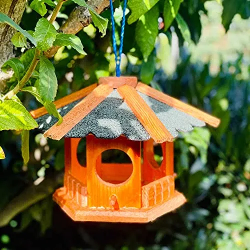 DARLUX Vogel Futter Haus Futterstelle Sechseck aus Holz Vogelhaus zum Hängen Braun und verschiedenen Dachfarben und Größen (Groß, Braun/Grün)