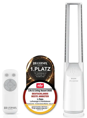 Brandson Turmventilator DC-Motor – blattlos, leise, mit Fernbedienung und Timer - Erleben Sie kühlenden Komfort mit dem Brandson Turmventilator. Der rotorlose Ventilator bietet 6 Geschwindigkeitsstufen, 5 Modi und eine praktische Fernbedienung – ideal für entspannte Sommerabende.