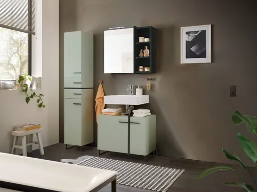 moebel-dich-auf Badezimmer Badmöbel Messina Set 2 - Komplettprogramm für Badezimmer mit eleganten Badmöbeln in Schilfgrün, Softclose-Funktion und integrierter Beleuchtung im Spiegelschrank für praktischen Stauraum und stilvolle Akzente.