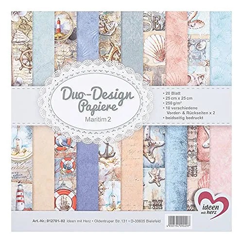 Ideen mit Herz Duo-Design-Papiere | Block mit 20 Blatt Bastelpapier | 25 x 25 cm | 250g/m² | beidseitig bedruckt | Designpapier, Motivpapier | ideal für Scrapbooking, Basteln (Maritim 02)