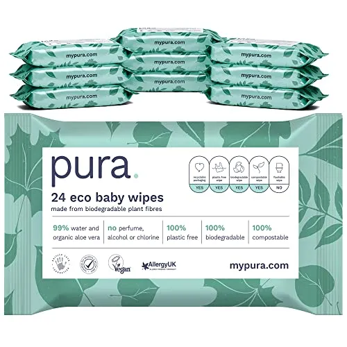 Pura | Babytücher (28 Packungen mit je 24 Tüchern), 100 % plastikfrei, biologisch abbaubar, aus 99 % Wasser und Bio-Aloe Vera, vegan, geeignet für empfindliche und ekzemanfällige Haut