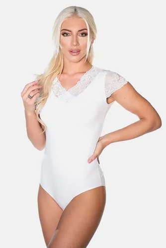 Evoni Damen-Body in Weiß mit Spitzenärmeln - Eleganter Bodysuit aus hochwertiger Baumwolle, ideal für jeden Style. Mit praktischem Drei-Haken-Verschluss und elastischem Material für perfekten Sitz und hohen Tragekomfort. Verleiht jedem Outfit einen Hauch von Sex-Appeal.