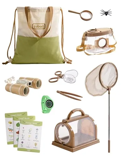 ROBUD Kids Outdoor Explorer Kit, Käferfang-Abenteuer-Sets mit Schmetterlingsnetzen, Lupen, Käferbehältern, Tragetaschen, Naturspielzeug für Jungen und Mädchen im Alter von 3-12 Jahren (Grün-12pcs)