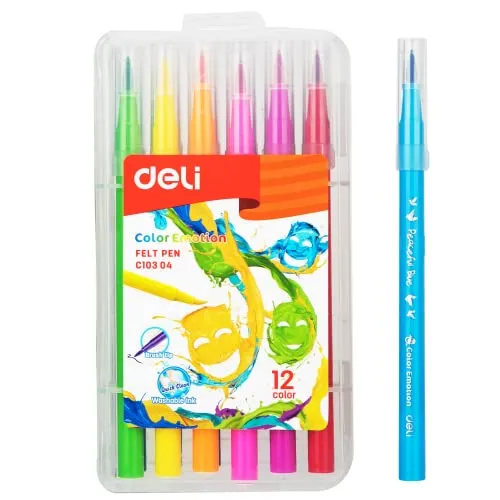 deli Filzstifte Set für Kinder & Erwachsene – 12 Farben, Waschbare Tinte, Dicke & Dünne Spitzen, Malstifte für Schule & Hobby, Ideale Stifte zum Zeichnen & Malen