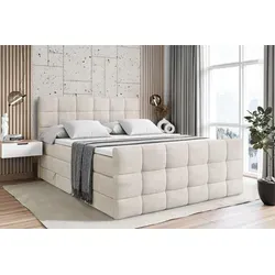 ALTDECOR Boxspringbett APO-Z KING - Beige Samt 120x200 cm - Bequemes Boxspringbett mit 2 Bettkästen für optimale Aufbewahrung, inklusive mittelharte und harte Matratzen für individuellen Schlafkomfort.