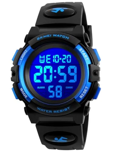 Alienwork Seven-Color LED Digital Kinderuhr Jungen Mädchen Schwarz Kautschuk-Armband Kalender Mehrfarbig Chronograph Sportlich Multi-Funktion