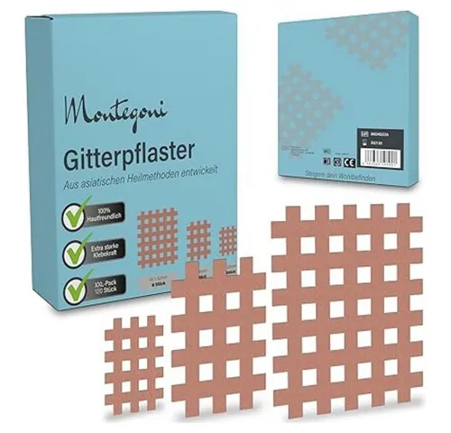 Montegoni Insektenstichpflaster 136er Crosstape Set – Hautfreundliche Akupressur Pflaster Mix (Crosstape Therapie Set, 136 Multi-Size Pflaster Mix), Hautfreundliches gittertape zur Akupressur mit Anleitung