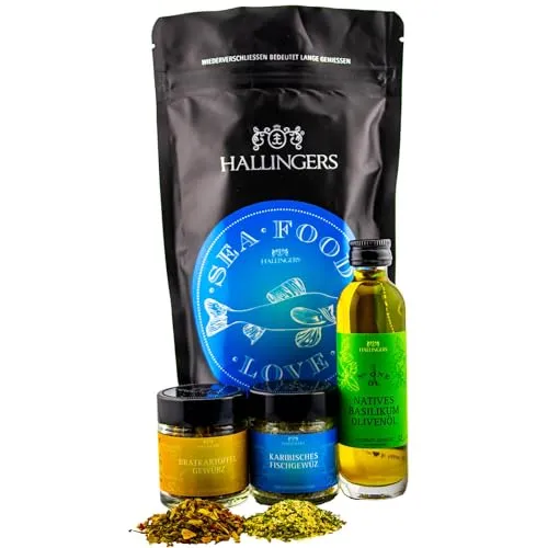 Hallingers Genuss Manufaktur Geschenkkorb Geschenkset – Feinkost Mix, Grillen Wundertüte Basilikum Olivenöl Bratkartoffel & Fischgewürz für Grillparties