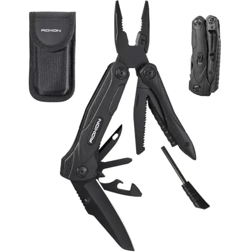 ROXON SPARK CM1349 Ein speziell für den Außenbereich entwickeltes Multitool | 14 in 1 Multifunktionsmesser, Zange, Drahtschneider, Säge, Ahle, Einfädler, Dosenöffner, Feuerstein, Pfeife, Gürtelclip