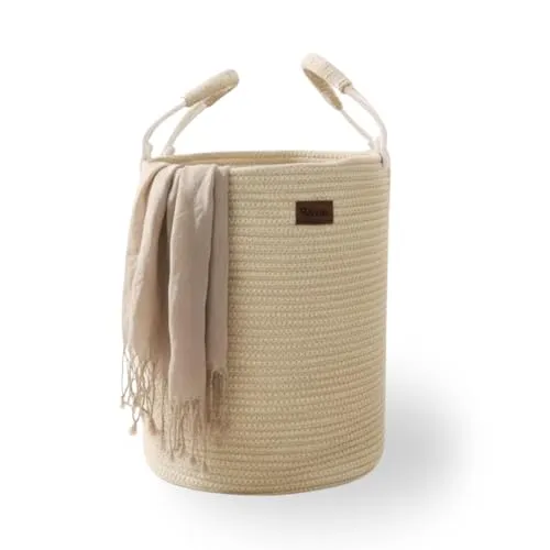 Wäschekorb aus Baumwolle 58 L Wäschesammler Aufbewahrungskorb, Baumwollseil mit Griff, Kordelzug, Wäschebehälter für Kleidung, Decken, Spielzeug - Beige