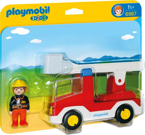 PLAYMOBIL 1.2.3 Feuerwehrleiterfahrzeug 6967 - Spielfahrzeuge mit 360° drehbarer Leiter und festklemmbarem Figurensystem, ideal für Kinder ab 1,5 Jahren.