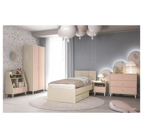 Lomadox Jugendzimmer-Set MODICA-131, (Sparset, 5-tlg., Bett Nachtschrank Kleiderschrank Kommode Regal), sandbeige mit rosa, Liegefläche 90x200cm, Softclose-Funktion