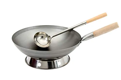 AAF Nommel ® Wok Set, 38 cm Carbon Stahl Pfanne mit Wok Kelle und Wok Ring - Pfannen Set mit 38 cm Wok aus Carbon Stahl, ideal für Gas- und Induktionsherde. Extrem hitzebeständig und perfekt für die professionelle Gastronomie.