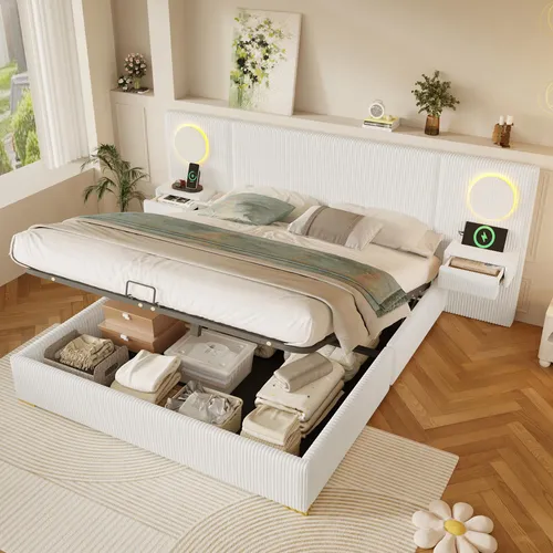 MODFU Doppelbett Polsterbett 180×200 Samt mit Stauraum und LED-Kopfteil