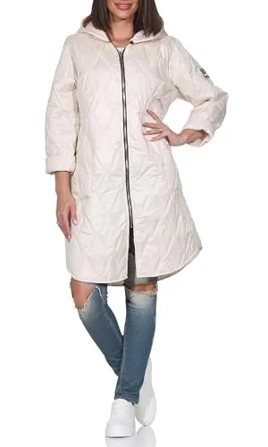 simaranda Damen lange leichte Steppjacke mit Kapuze - stylischer Trenchcoat Ideal für Übergangszeit & kühle Sommerabende 5343 Beige 38-42
