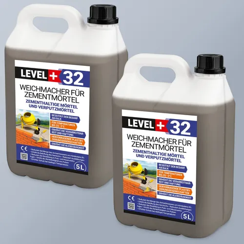 Level+ Weichmacher für Mörtel L+32 - 10l - Hochwertiger Weichmacher für Mauer- und Putzmörtel, verbessert die Verarbeitbarkeit und Haftung. Reduziert Anmachwasser und Ausblühungen, ideal für Innen- und Außenanwendungen.