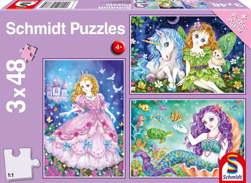 SCHMIDT Puzzle Prinzessin, Fee und Meerjungfrau 3x48 Teile
