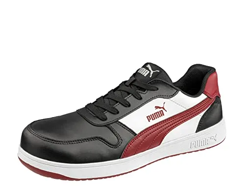 PUMA Safety FRONTCOURT BLK WHT RED Low Sicherheitsschuh Gr. 46 - Herren Industrie & Handwerk Schuhe mit ESD idCELL Elementen, metallfrei und optimalem Komfort durch das evercushion relief Fußbett.